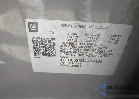 2018 Chevrolet Cruze Lt Auto from USA, damaged, VIN 1G1BE5SM3J7226199